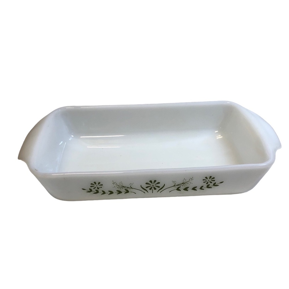 Vintage Fire King Milk Glass Green Flowers Pattern Loaf 9” x 5”
